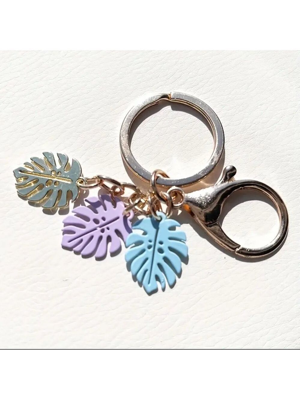 Gold Purple Blue Pastel Tropical Leaf Keychain Bag Charm